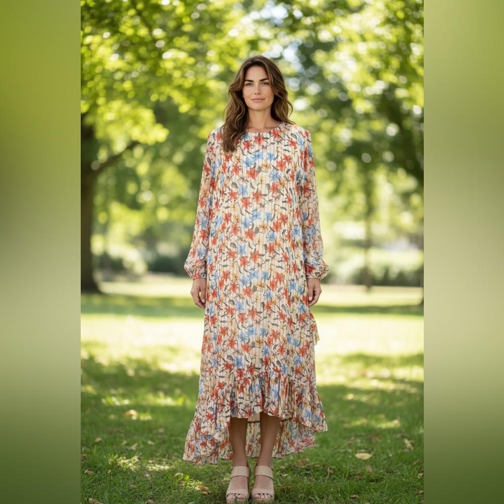 MUNTHE Know Floral Metallic Stripe Midi Dress Size 36 NWT Luxury Designer